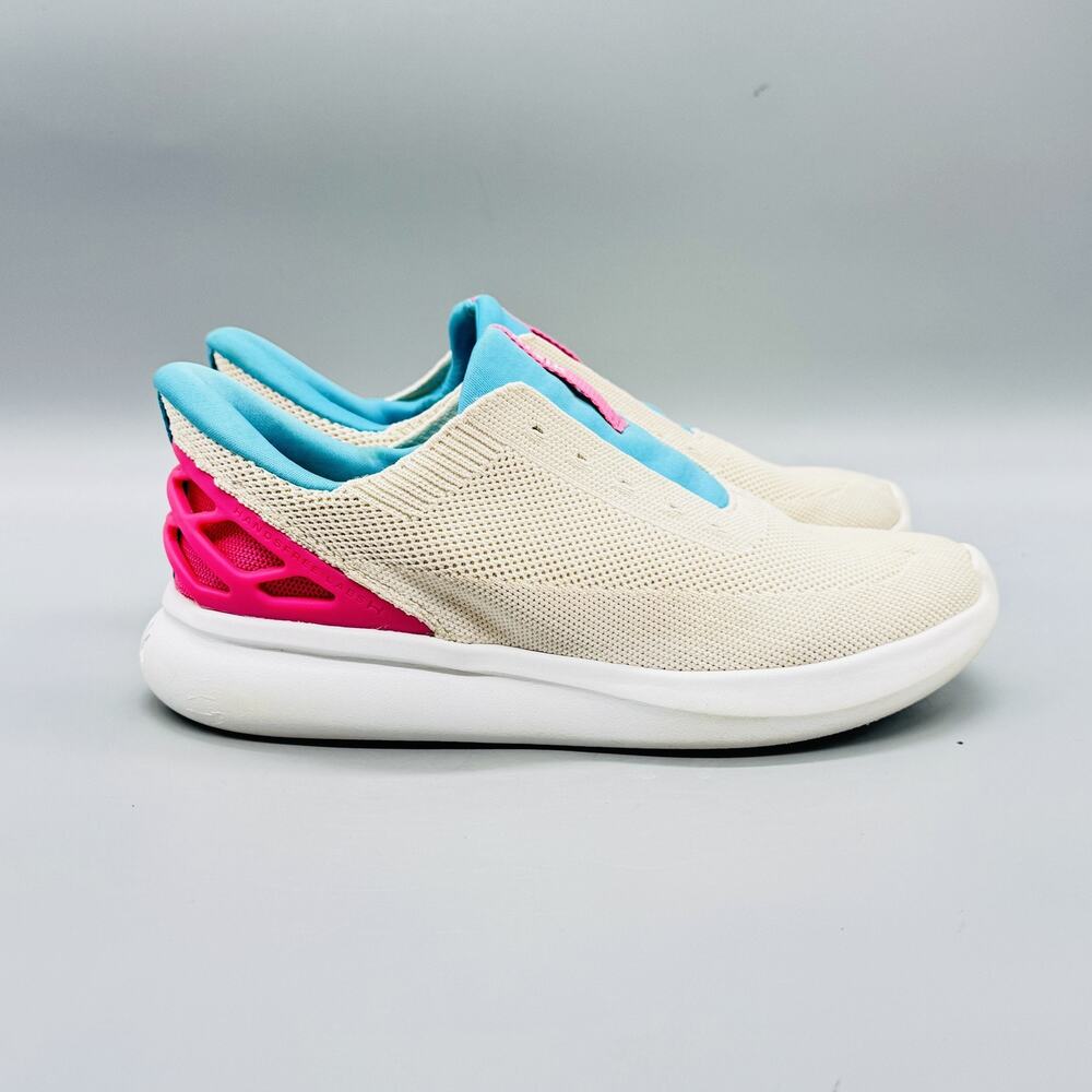Kizik Shoes Girls 5 Beige Pink Blue Knit Hands Free Slip On Athletic Sneakers